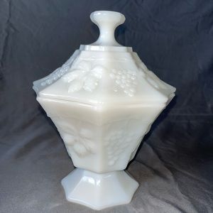 Vintage 1960s era Milk Glass covered pedestal dish or compote in Harvest Grape